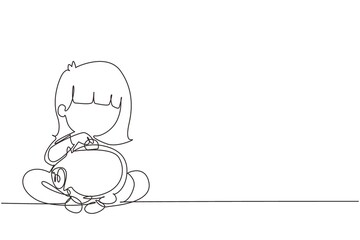 Continuous one line drawing cute little girl sitting on the floor puts coins in a piggy bank and dreams of buy something. Concept of saving money. Single line draw design vector graphic illustration