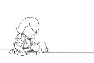 Continuous one line drawing cute smiling little girl feeding her cat at home, adorable kid caring for animal. Kids doing housework chores at home. Single line draw design vector graphic illustration