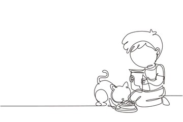 Single one line drawing cute smiling little boy feeding his kitten, adorable kid caring for animal. Kids doing housework chores at home. Modern continuous line draw design graphic vector illustration