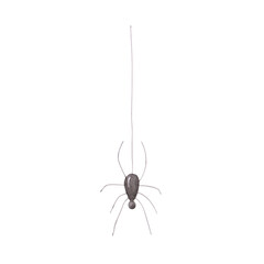 Spider is isolated on a white background. Watercolor black spider on a spiderweb illustration. Hand-drawn Halloween object. Arachnid clipart. Silhouette of creepy insect.