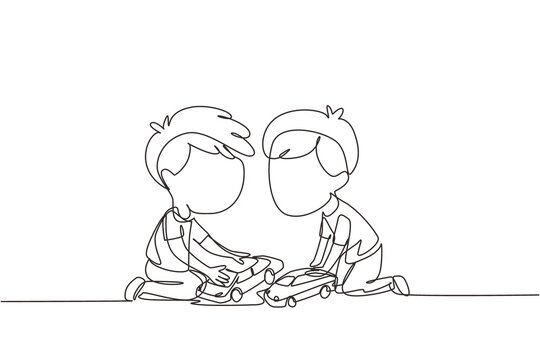 Single one line drawing two cute boys playing with their toys cars. Boy shows his toy cars to his friend. Happy kids playing together. Modern continuous line draw design graphic vector illustration