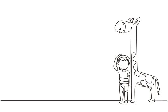 Single continuous line drawing little boy measuring his height with giraffe height chart on wall. Kid measures growth. Child measuring height. Dynamic one line draw graphic design vector illustration