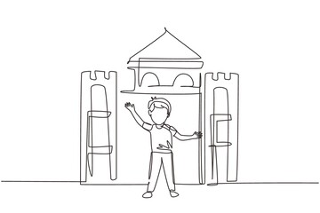 Continuous one line drawing cheerful boy playing in castle made of cardboard boxes. Happy little medieval prince. Creative kid playing castle. Single line draw design vector graphic illustration