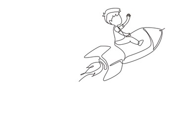 Continuous one line drawing happy boy is sitting on flying rocket. Preschool kid. Children sitting on rocket. Back to school. Educational concept. Single line draw design vector graphic illustration