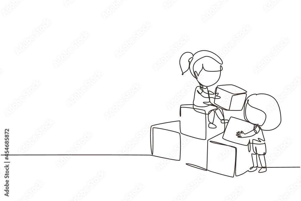 Poster continuous one line drawing two little girls playing blocks cube toys together. educational toys. ch