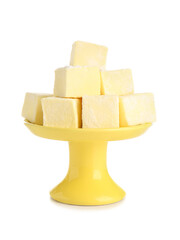 Dessert stand with tasty sweet marshmallows on white background