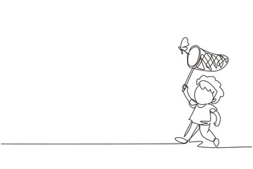 Single continuous line drawing little boy catches butterfly. Happy child runs at garden. Happy kids catching bugs in the field. Time to observe insect. One line draw graphic design vector illustration