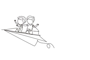 Single one line drawing happy two little boys flying on paper plane. Kids flying on paper airplane together. Children back to school concept. Continuous line draw design graphic vector illustration