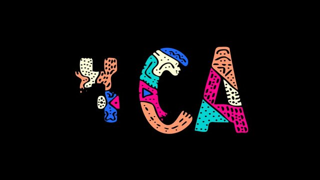 Hashtag #CA. Animated Cartoon text, Shake twitch effect. Transparent Alpha channel, 4K video. Colored funny doodle unique style. CA is abbreviation for the US American state California.