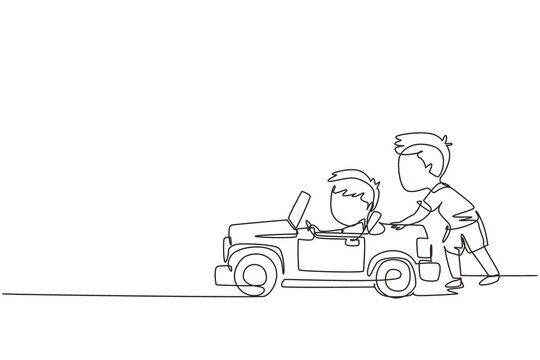 Continuous one line drawing a boy is pushing his friend's car in the road. Kids play with big toy car together. Sibling having fun with at backyard. Single line draw design vector graphic illustration