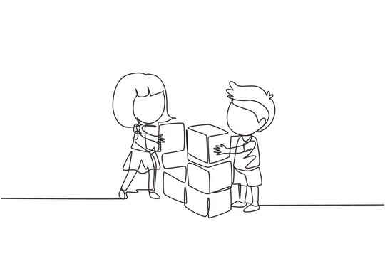 Single one line drawing little boy and girl playing blocks cube toys together. Kids play with toys brick. Educational toys. Children playing block cubes. Continuous line draw design graphic vector