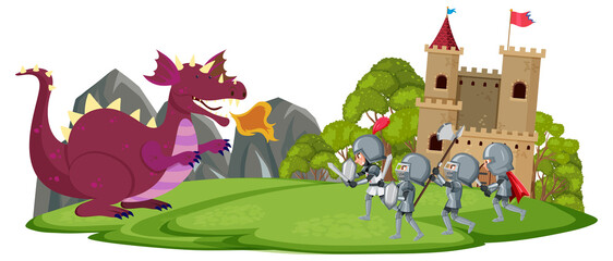 Knights fight with dragon at the castle