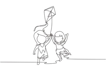 Single one line drawing two girl playing to fly kite up into sky at outdoor field. Kids playing kite in playground. Children with kites game and they look happy. Continuous line draw design graphic