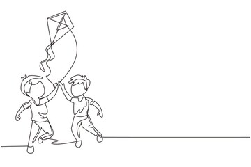 Continuous one line drawing two boy playing to fly kite up into the sky at outdoor field. Kids  playing kite in playground. Children with kites game and they look happy. Single line draw design vector