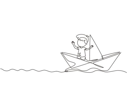 Continuous one line drawing cute smiling little boy sailing on paper boat. Happy smiling kid having fun and playing sailor in imaginary world. Single line draw design vector graphic illustration