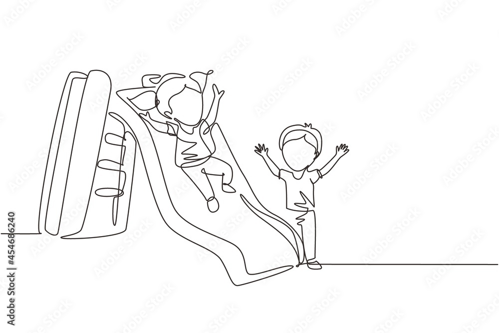Poster single one line drawing preschool kids playing together in kindergarten. little girl sliding down th - Posters