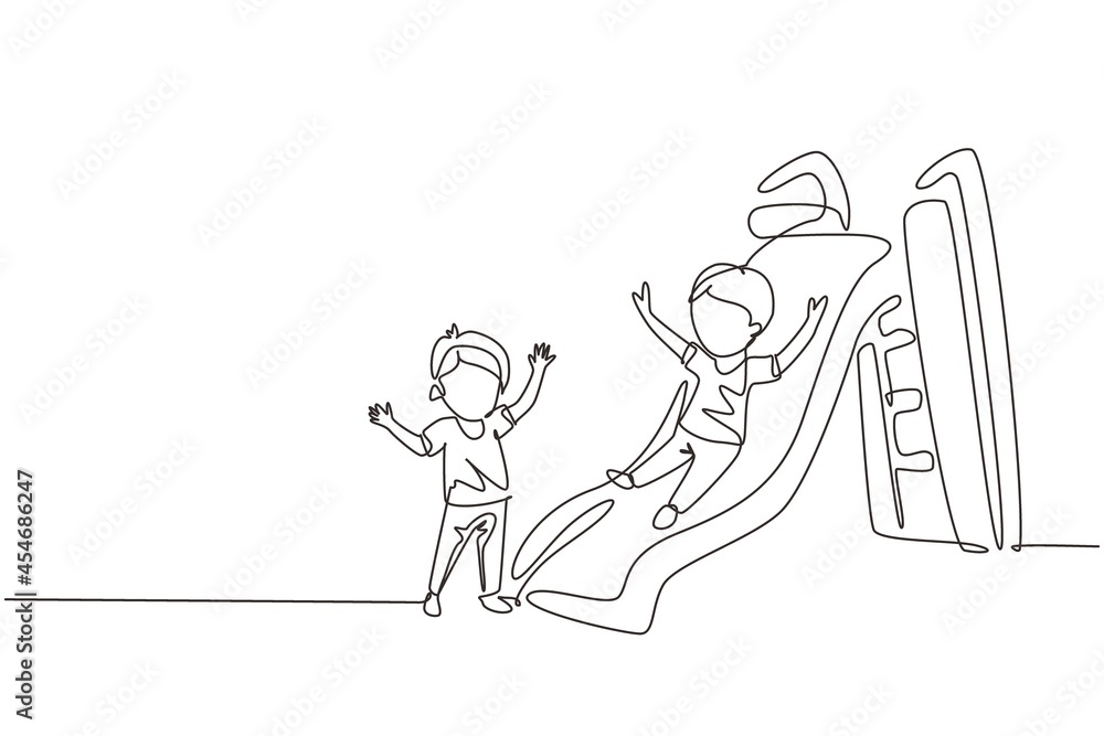 Poster continuous one line drawing smiling preschool boy sliding down slide and happy friend seeing him on 