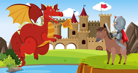Obraz na płótnie Canvas Knights fight with dragon at the castle