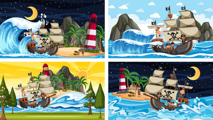 Fototapeta na wymiar Set of different beach scenes with pirate ship and pirate cartoon character