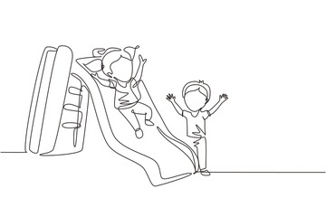 Single one line drawing preschool kids playing together in kindergarten. Little girl sliding down the slide and smiling boy seeing her on side of slide. Continuous line draw design graphic vector