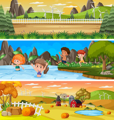 Outdoor panorama landscape scene set with cartoon character