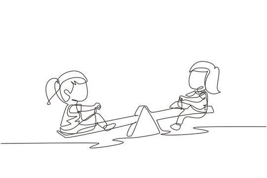 Continuous one line drawing two little girls swinging on seesaw. Kids having fun at playground. Cute kids playing seesaw together happily at park. Single line draw design vector graphic illustration