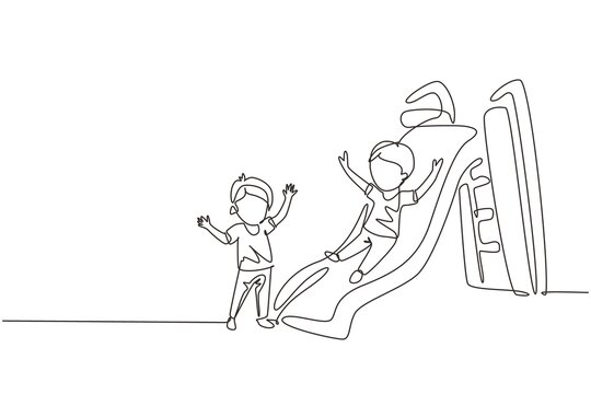 Continuous one line drawing smiling preschool boy sliding down slide and happy friend seeing him on side of slide. Kids playing together on playground. Single line design vector graphic illustration