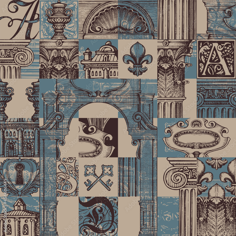 Poster abstract seamless pattern on theme of ancient architecture and art. repeating vector background with