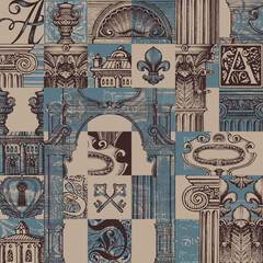 Abstract seamless pattern on theme of ancient architecture and art. Repeating vector background with hand-drawn architectural fragments in vintage style. Suitable for wallpaper, wrapping paper, fabric