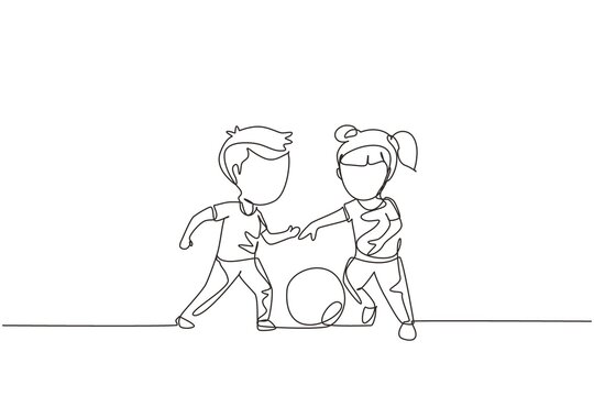 Continuous one line drawing boy and girl playing football together. Two happy little kids playing sport at playground. Children kicking ball by foot between them. Single line design vector graphic