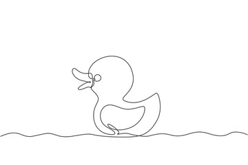 Single continuous line drawing Bath duck hand drawn outline doodle icon. Rubber bath duck for baby bathtub. Symbol of children's department in store. One line draw graphic design vector illustration