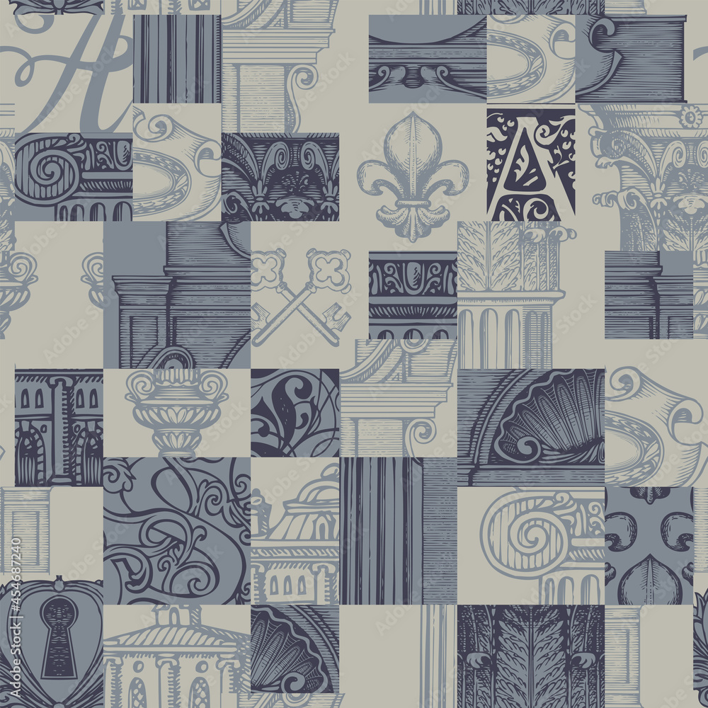Poster abstract seamless pattern on theme of ancient architecture and art in vintage style. vector backgrou