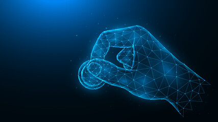 Hand holds a coin polygonal vector illustration on a dark blue background. Investment or charity concept.