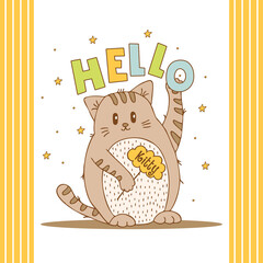 Hand drawn cute animals with lettering. Cat with word Hello. White background. Vector.