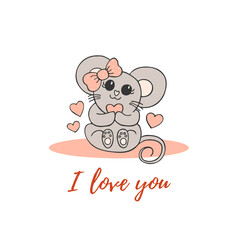 Hand drawn cute animals with lettering. A mouse with a pink bow and a heart. I love you. White background. Vector.