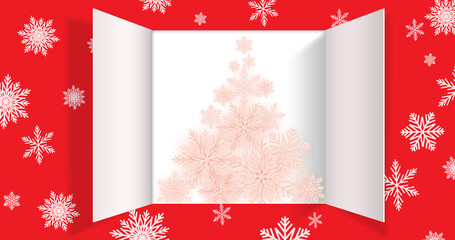 Christmas advent calendar door opening. Realistic an open wide doors on light red background. Template to reveal a message. Merry Christmas poster concept. Festive vector illustration - Powered by Adobe