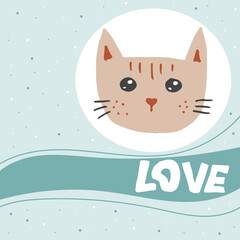 Doodle style hand drawn. Nature, animals and elements. Vector illustration. Cat life. Meow. I love you, kitty.