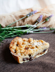 slice of Apple crumble pie with rustic background and rough textures
