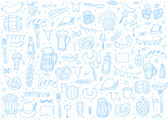 Oktoberfest 2021 - Beer Festival. Hand-drawn Doodle Elements. Blue-white rhombus. Set of elements.