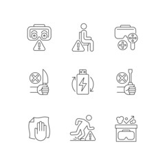 Virtual reality glasses instructions linear manual label icons set. Customizable thin line contour symbols. Isolated vector outline illustrations for product use instructions. Editable stroke