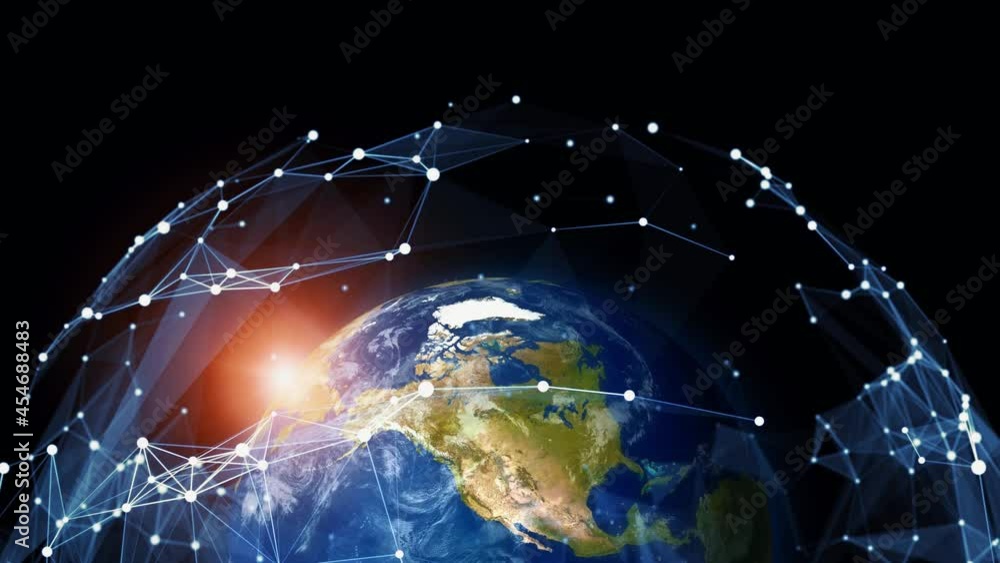 Poster global communication network concept. planet earth in cyberspace.