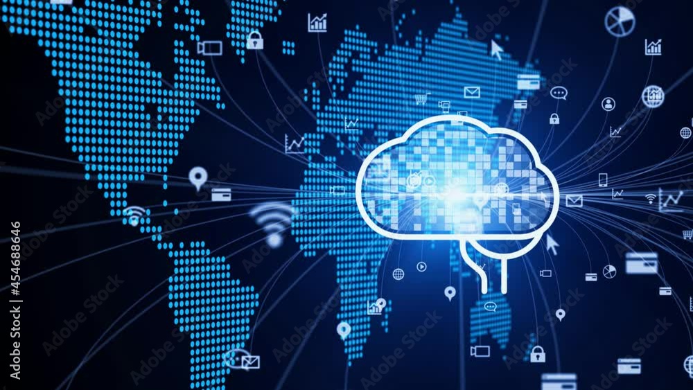 Poster AI (Artificial Intelligence) concept. Deep learning. Global communication network.