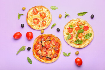 Composition with tasty mini pizzas on color background