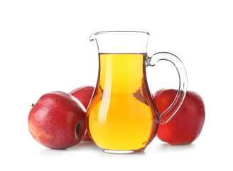 Jug of tasty apple juice on white background