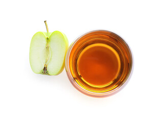 Glass of tasty apple juice on white background