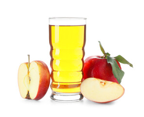 Glass of tasty apple juice on white background