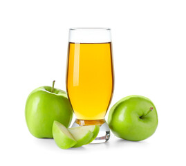 Glass of tasty apple juice on white background