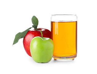 Glass of tasty apple juice on white background