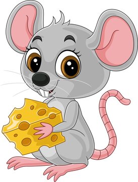 Cartoon cute little mouse holding a cheese