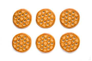 top view rows of round cookies isolated white background.